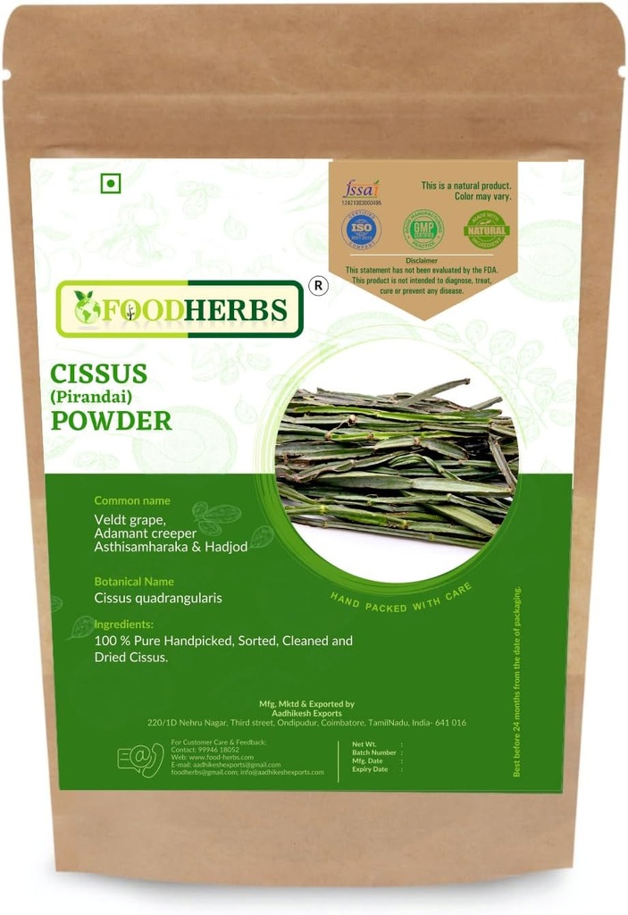Foodherbs Cissus Quadrangularis Toz | 200 GMS / 0.44 Lbs | Bone Wellness | Hadjod | Pirandai | Veldt Grape | Adamant Creeper