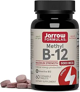 Jarrow Formulas Μέγιστη δύναμη Methyl B-12 5000 mcg, Συμπλήρωμα διατροφής για την παραγωγή και την υποστήριξη της εγκεφαλικής υγείας κυττάρων, 60 cherry-Flavored μασώμενα δισκία, 60 ημέρα προσφοράς, συσκευασία των 12