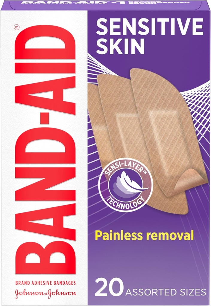 Hassas Skin için Band-Aid Marka yapıştırıcısı, Ağrısız Yok Edilmiş İlk Yardım Bandajları, Eczema Prone Skin için Ne Zaman Kalır ve Uygun, Sterile, Assorted, 20 ct