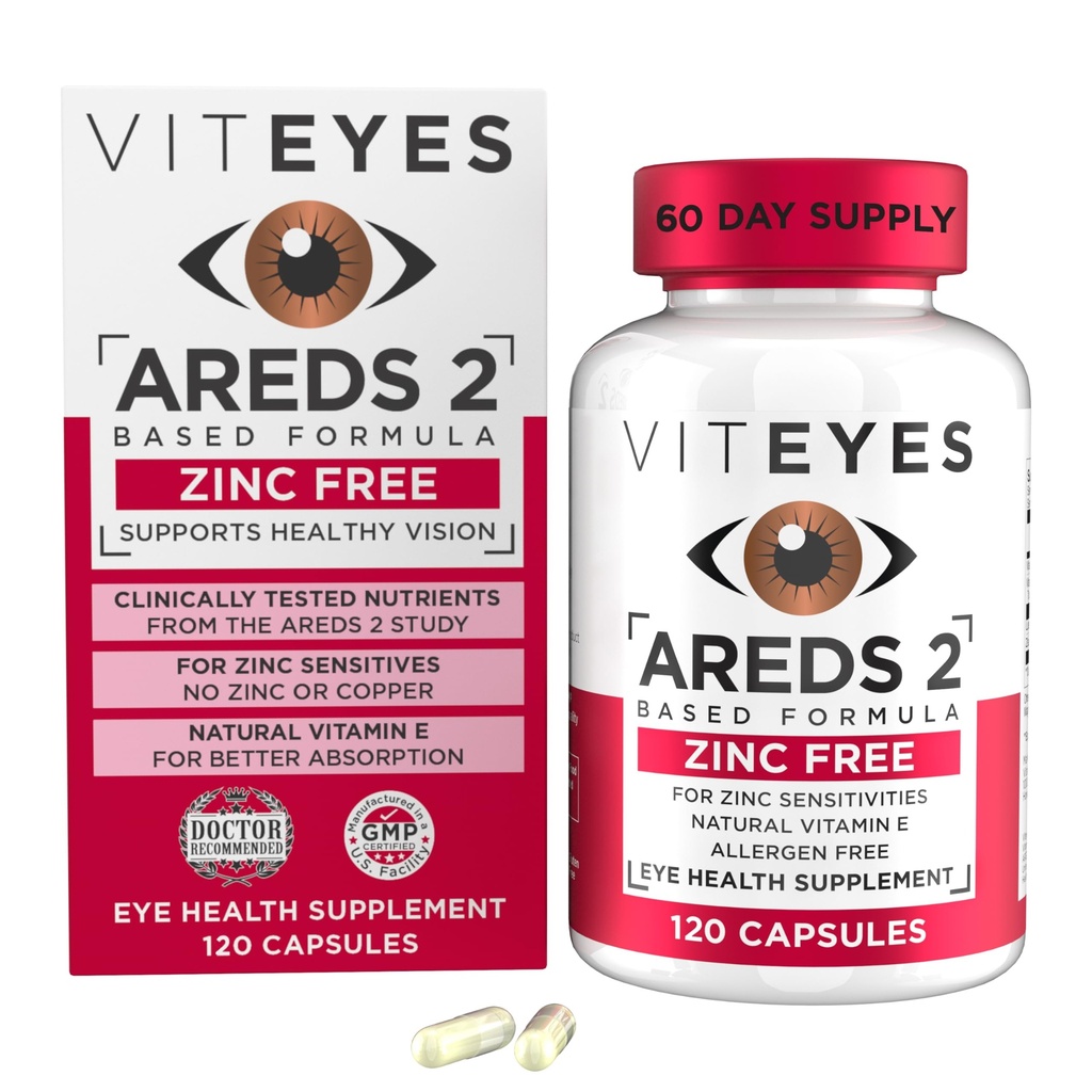 Viteyes AREDS 2 çinko Free Macular Support, Natural Allergen Free Capsules with Vitamin E, Vitamin C, Lutein & Zeaxanthin, No çinko, No Copper, Eye Doctor Trusted, ABD'de Üretilen 120 Ctt
