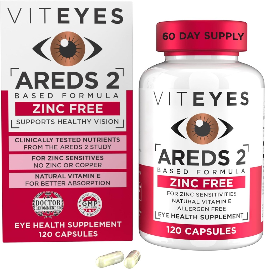 Viteyes AREDS 2 çinko Free Macular Support, Natural Allergen Free Capsules with Vitamin E, Vitamin C, Lutein & Zeaxanthin, No çinko, No Copper, Eye Doctor Trusted, ABD'de Üretilen 120 Ctt