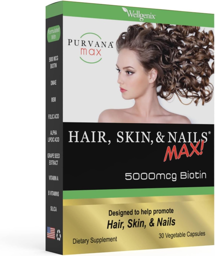 Wellgenix Purvana Max Saç, Skin ve Nails Vitamini - Double Strength Biotin 5000 MCG, VIT A & B, Folic Acid, Grape Seed - Saç Destek Tamamı -30 Capsules (Paket 1)