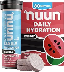 Nuun Energy Electrolyte δισκία με Ginseng, καφεΐνη από εκχύλισμα πράσινου τσαγιού, Βιταμίνη B12, B6, B5, Μαγνήσιο & 4 άλλα ηλεκτρολυτικά, Gluten Free & Vegan, Watermelon Burst, 8 Pack (80 Services Σύνολο)