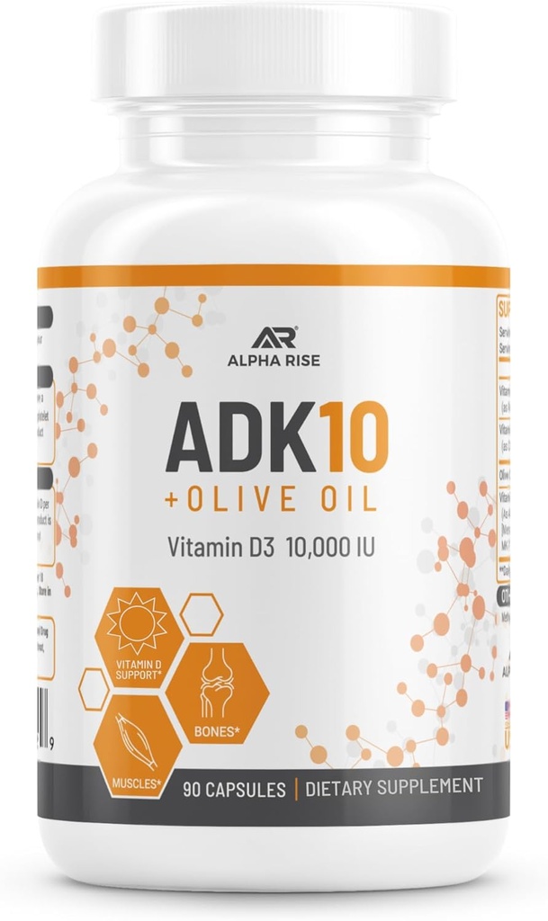 ADK 10 Συμπλήρωμα βιταμίνης + Ελαιόλαδο για Καλύτερη Απορρόφηση - με Βιταμίνες Α + D3 (10.000 eu) + K2 (MK7+MK4) - 90 Καψάκια - Χορτοφαγικά - Μη ΓΤΟ