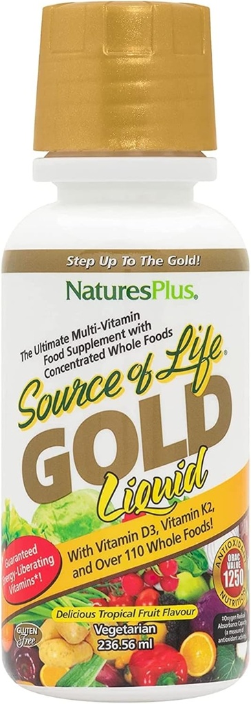 Natures Plus Life Gold Multivitamin Sıvı Kaynağı - 8 oz - Vitaminler D3, B12 & K2 - Blood, Bone & Immune Support - Vegetarian & Gluten Free - 8 hizmet
