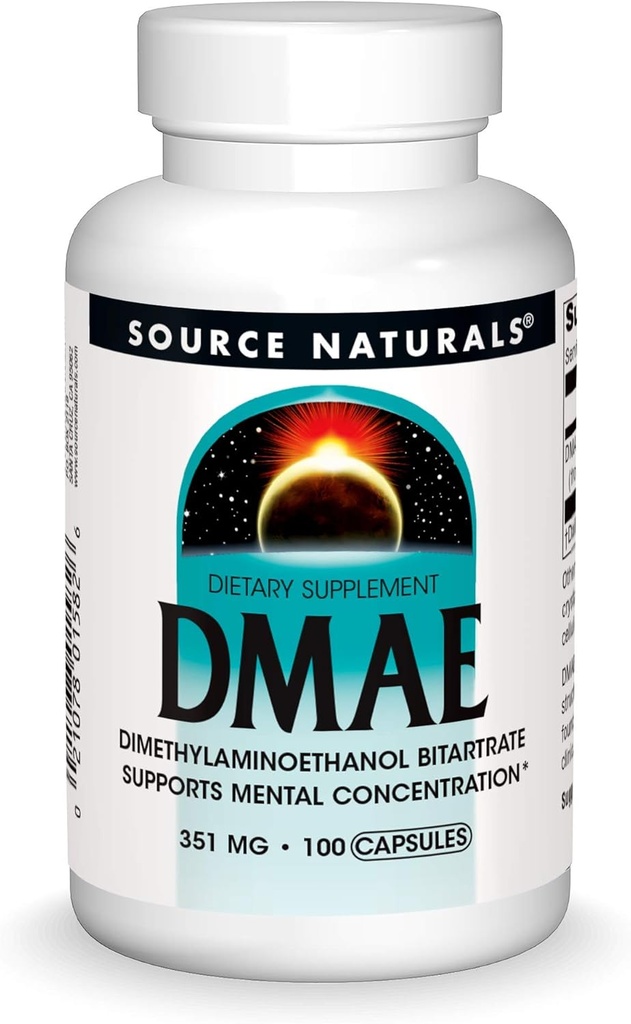 Source Naturals DMAE, Dimetilamino etanol Bitartrate - Supports mental Concentration*, 351mg - 100 Capsules