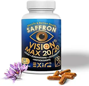 EXIR Eye Vitamins Lutein, Saffron Astaxanthin, Zeaxanthin, Grape Seed, Turmeric Supplement for Floaters, Strain, Baskı, Night Vision, VM20-60 Capsules