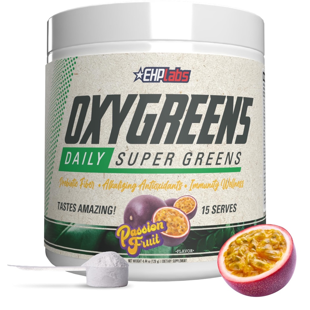 EHP Labs OxyGreens Super Greens Powder with Spirulina & Chlorella, Prebiotic Fiber, Probiotics & Digestive Enzymes – Antioxidant Green Superfood Supplement - 15 Servings (Passionfruit)