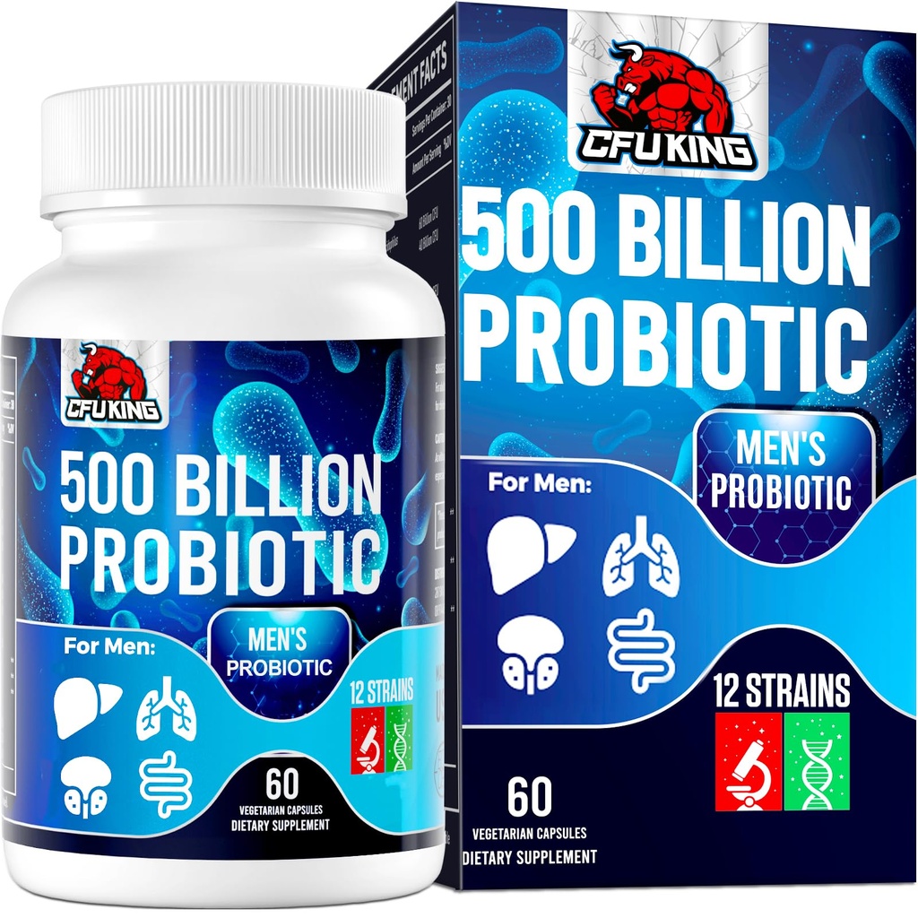 Erkekler için probiyotikler, 500 Milyar CFU & 12 Erkekler Digestive Health + 4 Organik Prebiyotik Fiber, Digestive, Gut, Immune Health, Bloating, Gas, Energy Support, Raf Stable - 60 Capsules
