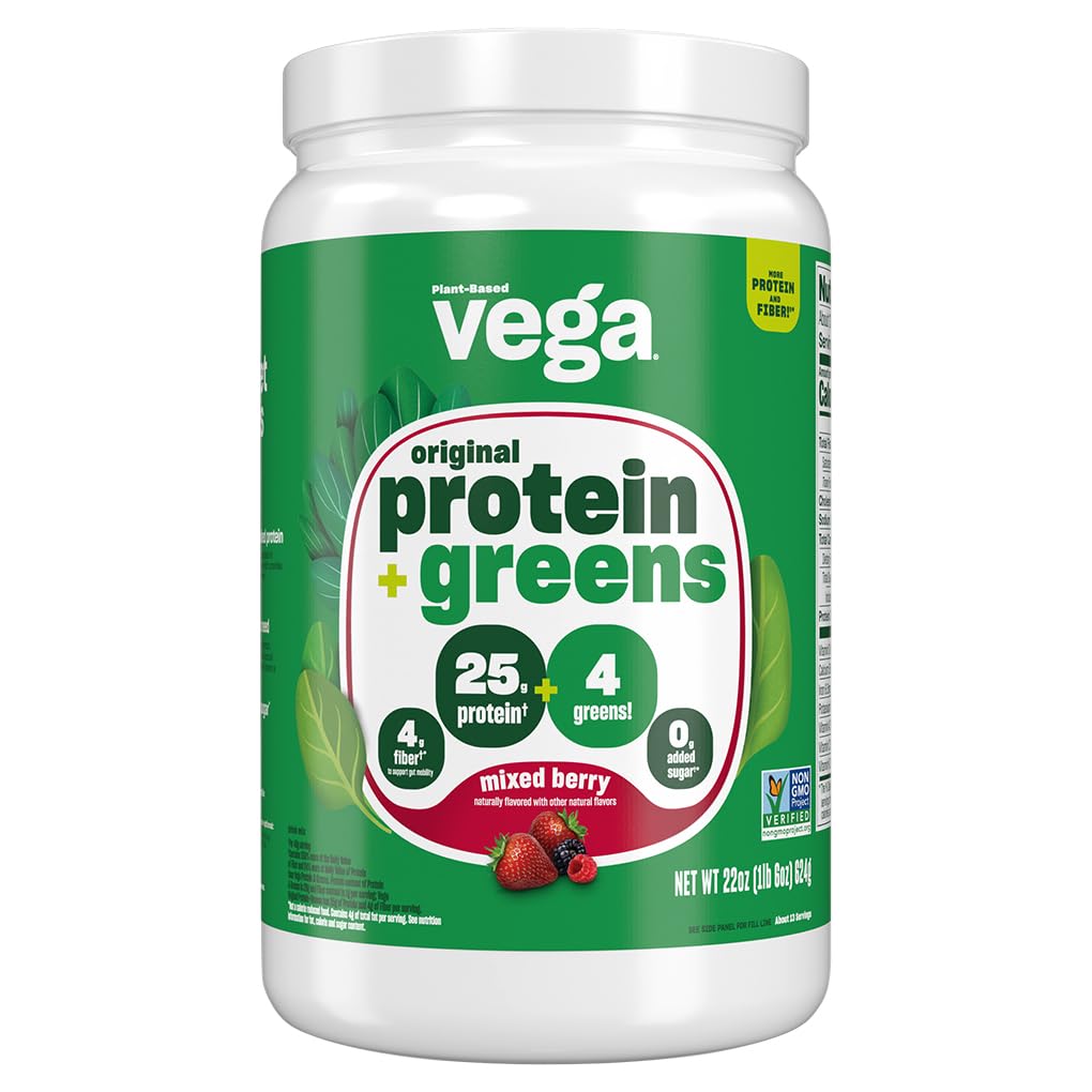 Vega Protein and Greens Protein Powder, Berry - 20g Plant Based Protein Plus Veggies, Vegan, Non GMO, Pea Protein for Women and Men, 1.3 lbs