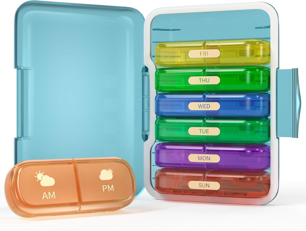 Haftalık Pill Organizer 2 Times a Day, 7 Day Pill Box 2 Times, Seyahat Pill Case for Pills/Vitamin/Fish Oil/Medication /Supplements (2x7 Blue+Rainbow)