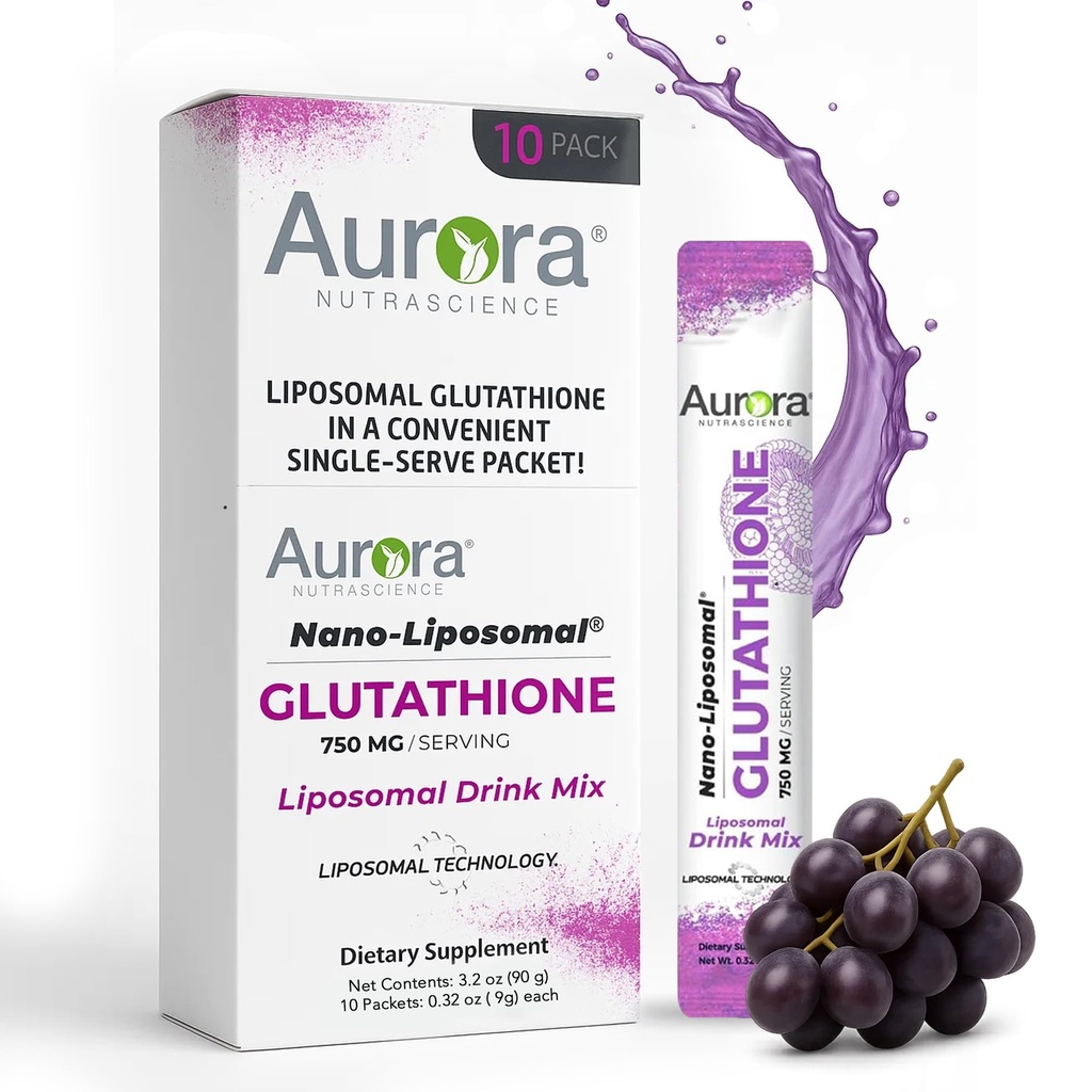 Aurora Nutrascience Nano-Liposomal Glutathione Drink Mix - 750 mg Liposomal Glutathione Supplement, Antioxidant & Immune Support for Men & Women, Sugar-Free, Non-GMO - 10 Single Serve Packets, Grape