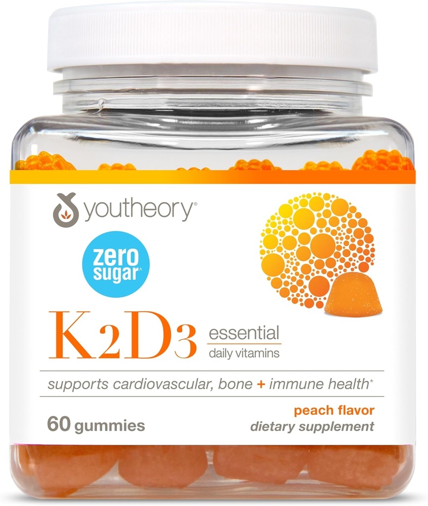 Youtheory K2D3 - Υποστήριξη για την υγεία των οστών και της καρδιάς* - Συνδυάζει βιταμίνη D3 & βιταμίνη K2 - Γαλακτοκομικά, χωρίς σόγια και γλουτένη - Ροδάκινο, 60 χορτοφαγικά Gummies