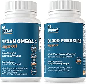 Dr. Tobias Vegan Omega 3 Algae Oil and Blood Pressure Support Supplement, Supports Normal Circulatory Health, Gut Immune Function and General Wellness, Non-GMO