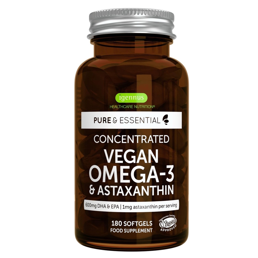 Igennus Vegan Omega-3 Natural Triglyceride Algae Oil, DHA & EPA Fatty Acid Supplement, 180 Küçük Yumuşakgels with Astaxanthin, Easy-to-Swallow, Pure & Sustainable, 90 Servisler