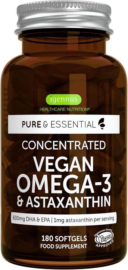 Igennus Vegan Omega-3 Natural Triglyceride Algae Oil, DHA & EPA Fatty Acid Supplement, 180 Küçük Yumuşakgels with Astaxanthin, Easy-to-Swallow, Pure & Sustainable, 90 Servisler