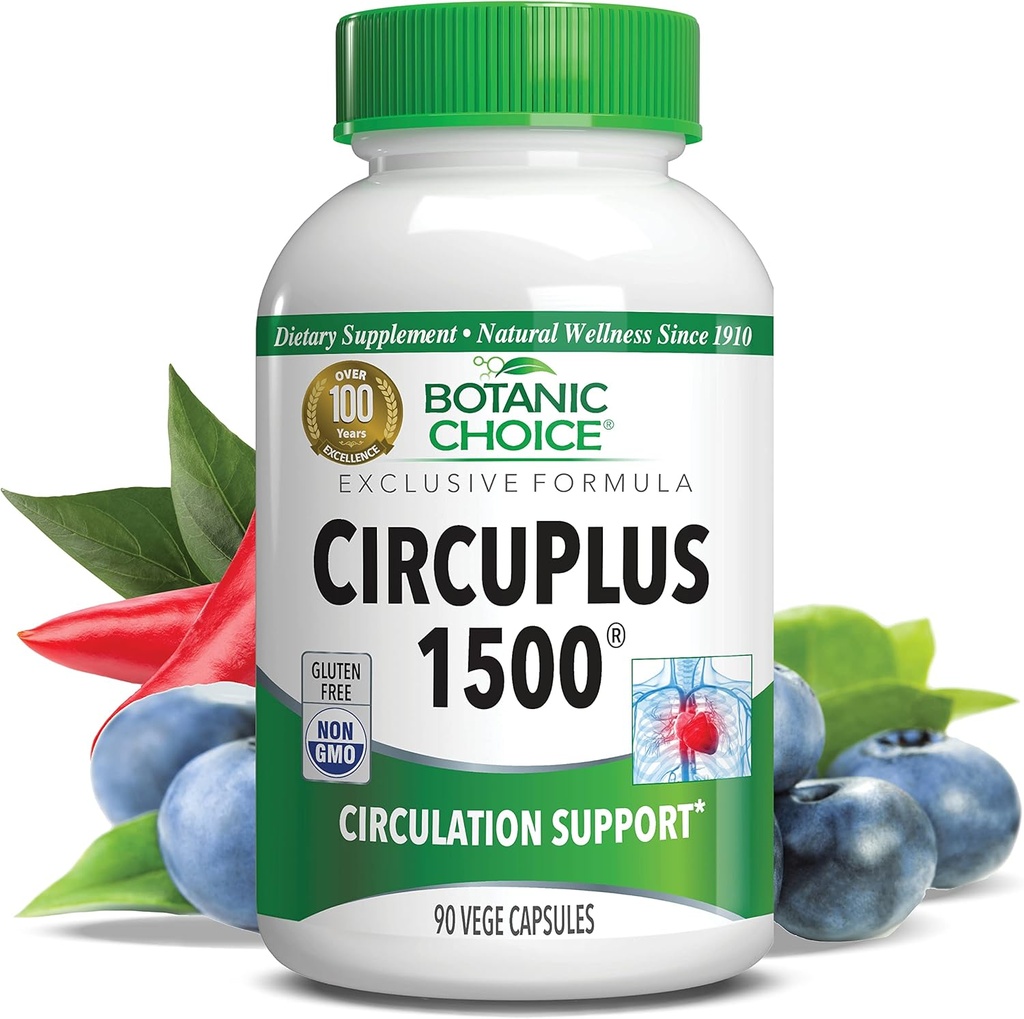 Botanic Choice CircuPlus 1500 - Kalp Sağlığı ve Circulation and Vein Support Supplement - Vitamin B1, Cayenne Pepper, Hawthorn, Ginkgo Biloba for Yetişkinler Men & Women (90 Capsules)