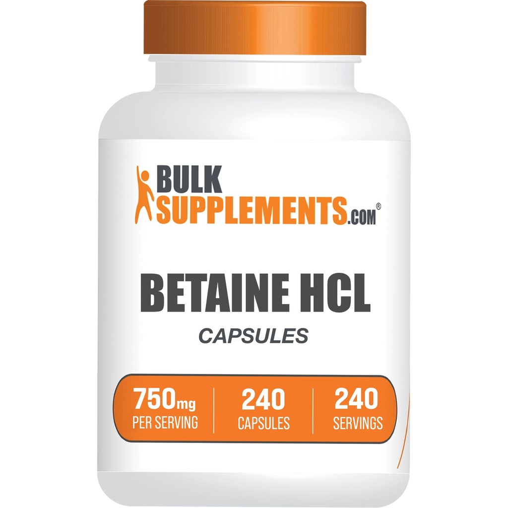 BulkSupplements.com Betaine HCl Capsules - Betaine Hydrochloride Supplement for Digestive Support, Betaine HCl 750mg - Gluten Free, 1 Capsule per Serving, 240 Capsules (Pack of 1)
