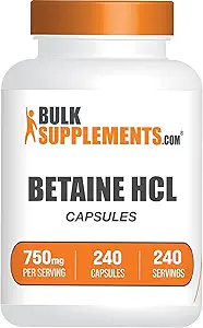 BulkSupplements.com Κάψουλες HCl Βεταΐνης - Συμπλήρωμα υδροχλωρικού βεταΐνης για υποστήριξη Digestive, Betaine HCl 750mg - Χωρίς γλουτένη, 1 Κάψουλα ανά υπηρεσία, 240 Κάψουλες (πακέτο του 1)