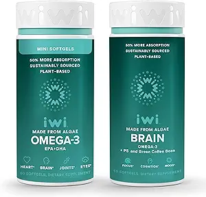 Iwi Omega-3 Minis & Brain Omega-3 Bundle, 30 Servings, Vegan Plant-based Algae Omega 3 with EPA + DHA, Krill & Fish Oil Alternative, No Fishy Affect