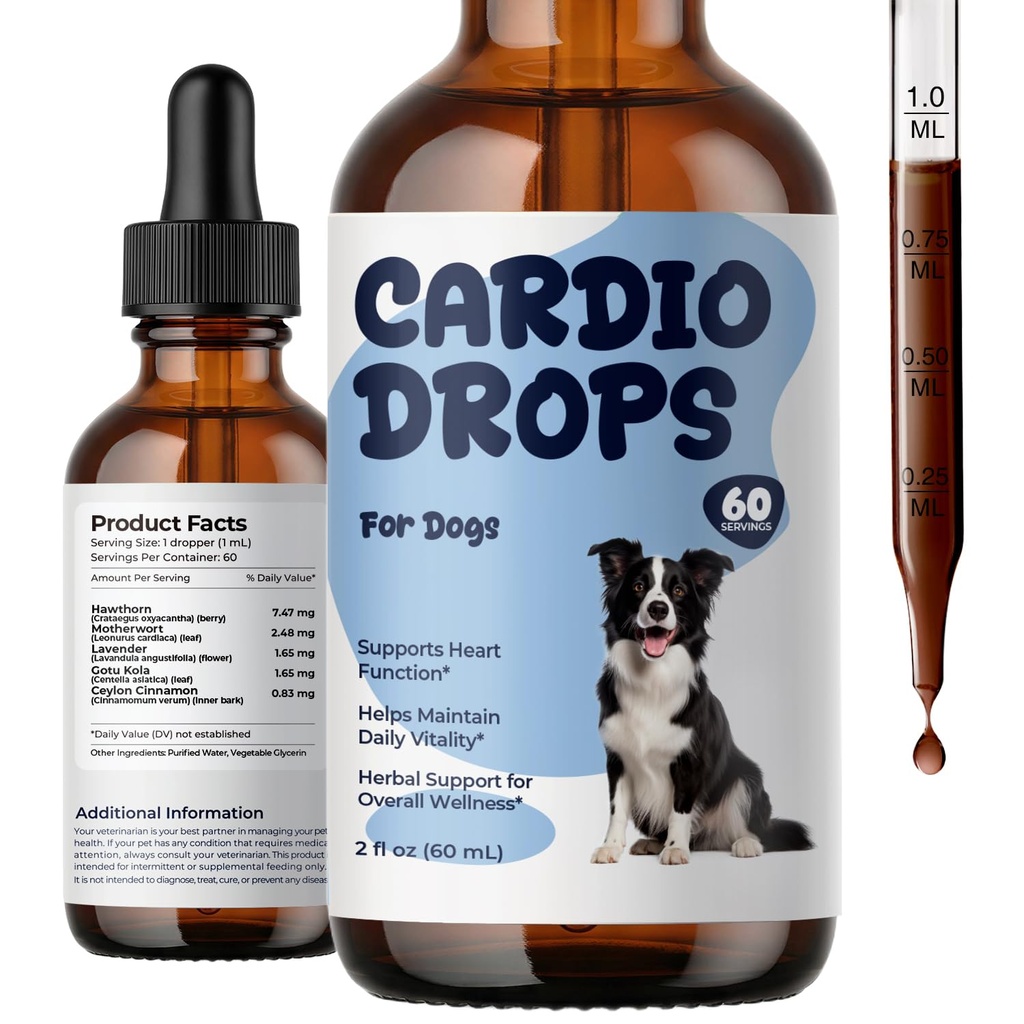 Cardio Drops for Dogs, Herbal Heart Support Liquid, Supports Daily Cardiovascular Wellness, Calm Vitality & Heart Function, with Hawthorn, Motherwort, Gotu Kola & Lavender, 2 fl oz