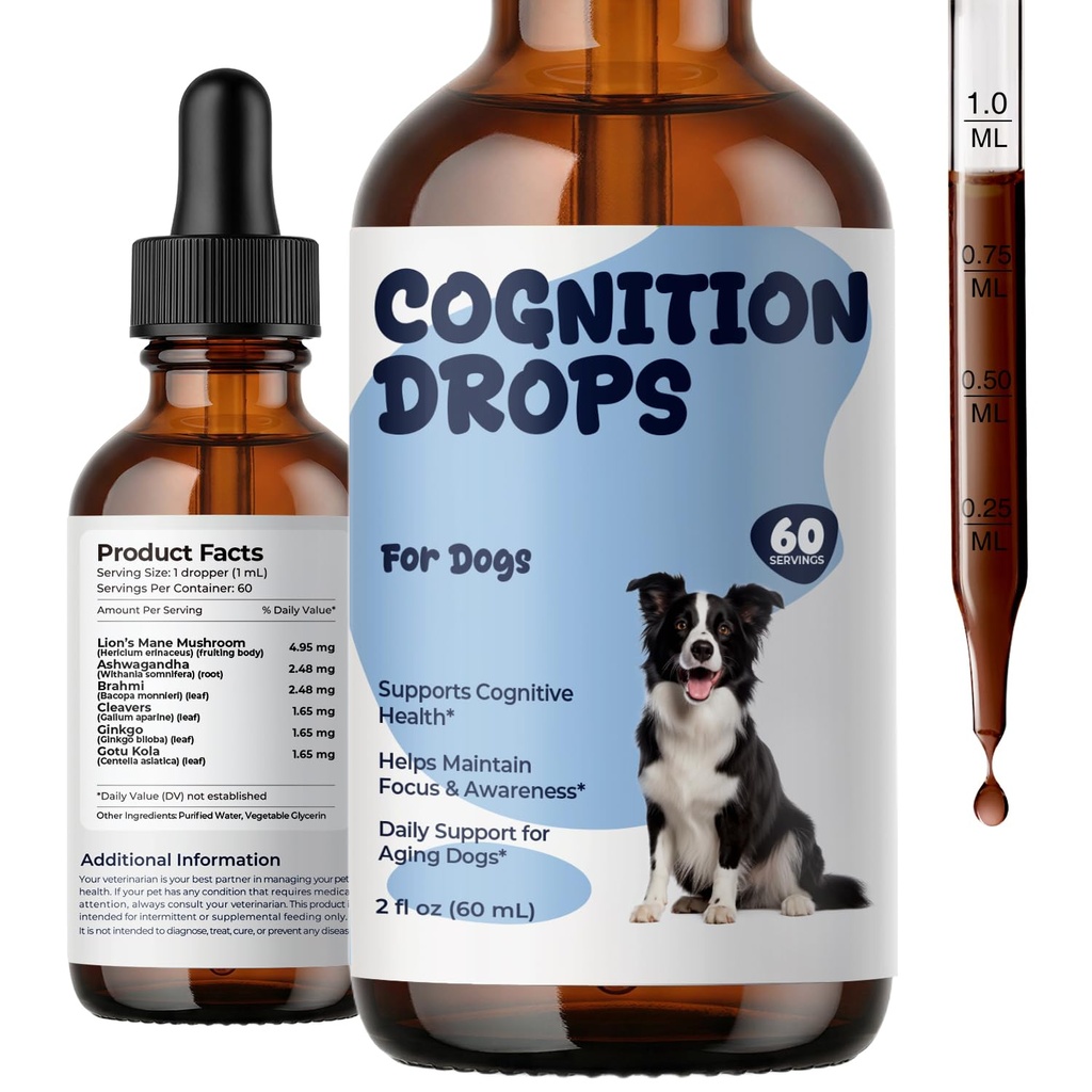 Cognitive Support for Dogs, Dog Brain Health Supplement with Lion’s Mane, Ashwagandha, Brahmi, Ginkgo Biloba & Gotu Kola, Senior Dog Memory Support Drops for Focus, Awareness & Daily Balance, 2 fl oz