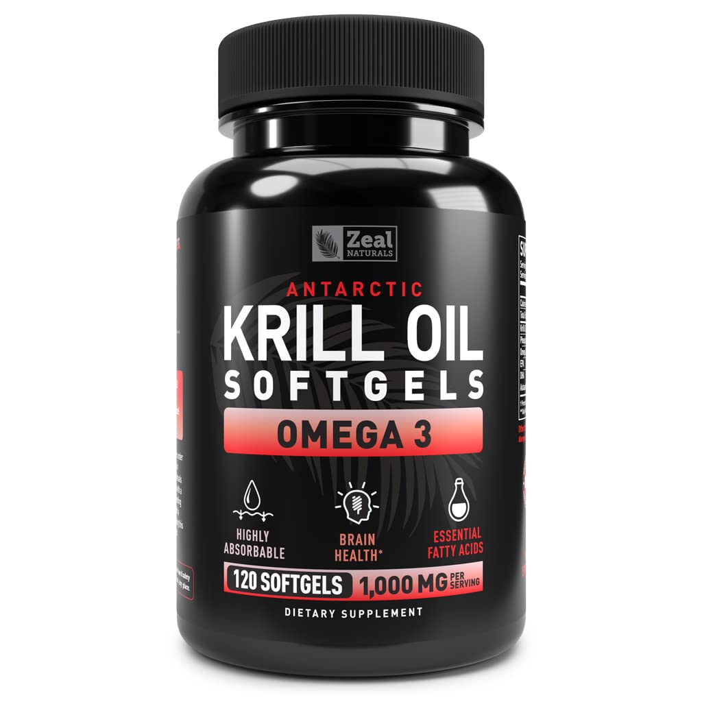Antarktika Krill Oil 1000 mg (120 Softgels) Omega 3 Fish Oil Supplement with EPA, DHA & Astaxanthin - Ortak, Beyin ve Kadın için Kalp Desteği