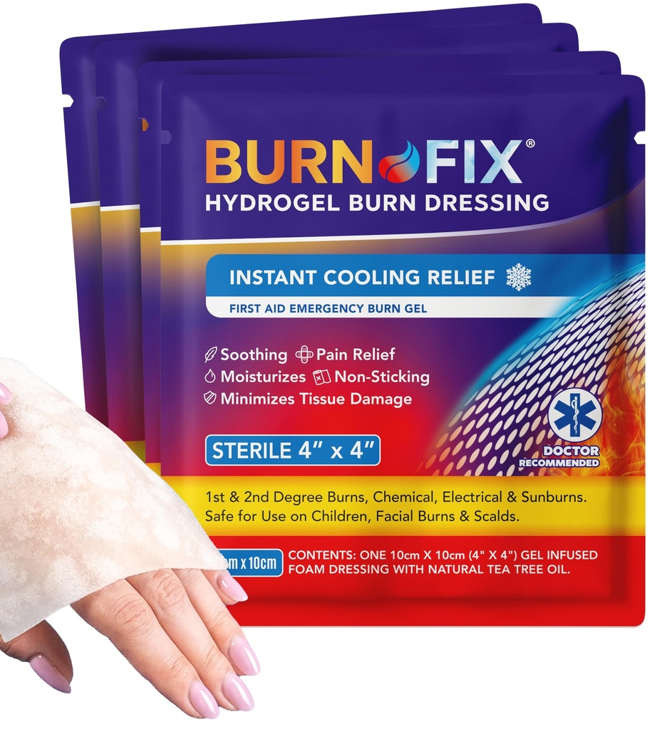 BurnFix® - 4 Pack-Burn Gel Dressing 4 x 4" Burn Care Cream Θεραπεία πρώτων βοηθειών. Άμεση ανακούφιση του πόνου Hydrogel Burn Dressing για 1ου, 2ου βαθμού εγκαύματα, ξυράφι & Sunburns για το σπίτι, εργασία, φωτιά, EMS