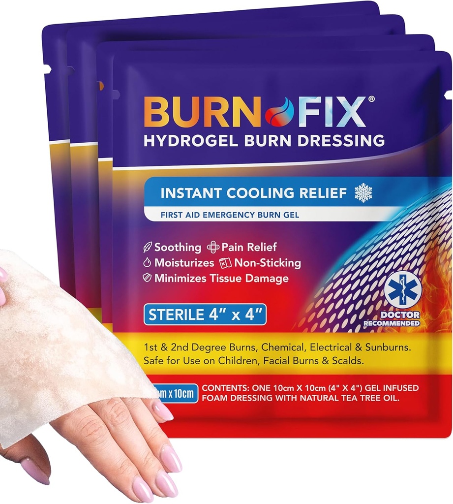 BurnFix® - 4 Pack-Burn Gel Dressing 4 x 4" Burn Care Cream Θεραπεία πρώτων βοηθειών. Άμεση ανακούφιση του πόνου Hydrogel Burn Dressing για 1ου, 2ου βαθμού εγκαύματα, ξυράφι & Sunburns για το σπίτι, εργασία, φωτιά, EMS