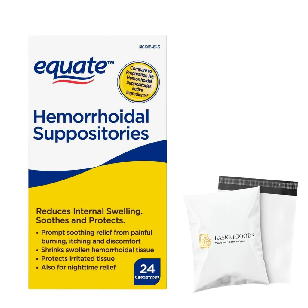 Equate Hemorrhoidal Suppositories, Relief from Burning, Itching and Discomfort of Hemorrhoids, 24 Count (Pack of 1) - Set by Basket Goods