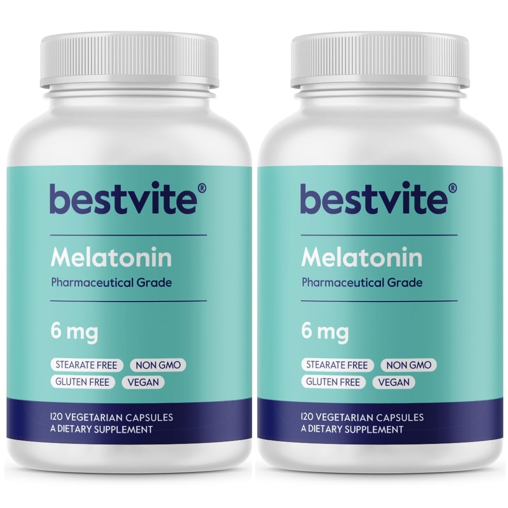 BESTVITE Melatonin 6 mg (240 Vejetaryen Capsules) (120 x 2) - Stearates - Vegan - GMO - Gluten Free