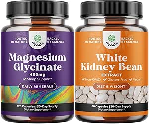Bundle of Magnesium Glycinate 400mg Capsules and White Kidney Bean Energy Booster - White Kidney Bean Extract Pill and Natural Vegetarian Supplements