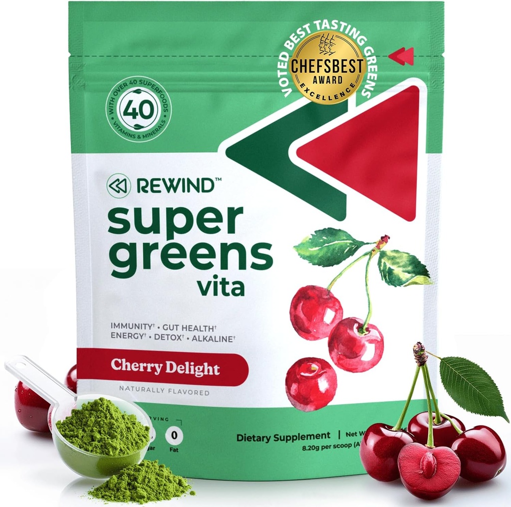 Super Greens Tozunu 40+ Superfoods ile En İyi Tasting Super Greens - Günlük Yeşil Toz B12, çinko, C vitamini, Magnezyum & Food - Green Juice Superfood Mix - Cherry Flavor