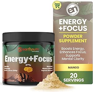 EarthNutri Energy + Focus Powder Supplement - Energy Boost & Helps Concentration with PeakO2, AlphaSize, Cognizin, PurCaf, Theacrine, Acetyl L-Carnitine L-Tyrosine – Mango Flavor - 20 Servings (171g)