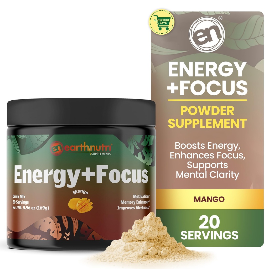 EarthNutri Energy + Focus Toz Supplement - Enerji Boost & Helps Concentration with PeakO2, AlphaSize, Cog SYN PurCaf, Theacrine, Acetyl L-Carnitine L-Tyrosine - Mango Flavor - 20 Hizmet (171g)