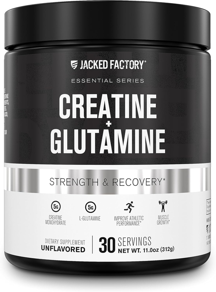Jacked Factory Creatine + Glutamine - συμπλήρωμα κρεατίνης με L-Γλουταμίνη για την αποκατάσταση των μυών, την ανάπτυξη των μυών, την αυξημένη δύναμη, την αυξημένη παραγωγή ενέργειας, και την υγεία των ούλων - 30 εξυπηρετούν, χωρίς γεύση