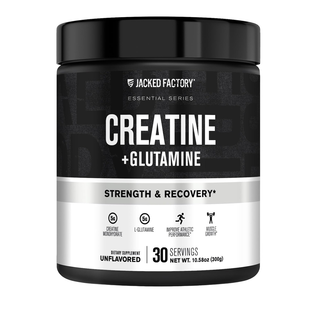 Jacked Factory Creatine + Glutamine - συμπλήρωμα κρεατίνης με L-Γλουταμίνη για την αποκατάσταση των μυών, την ανάπτυξη των μυών, την αυξημένη δύναμη, την αυξημένη παραγωγή ενέργειας, και την υγεία των ούλων - 30 εξυπηρετούν, χωρίς γεύση