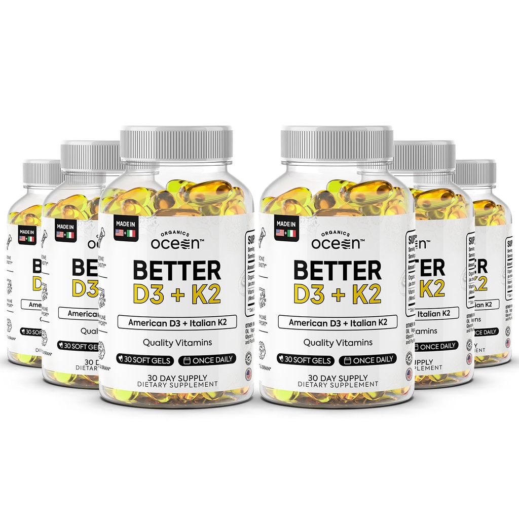 Organics Ocean Better D3 + K2-100% Organic VIT D3 and K2 Supplements with Maximum Bioavailability - Supports Bone Density, Calcium Balance, Immunity & Mood - 6-Pack, 180-Day Supply