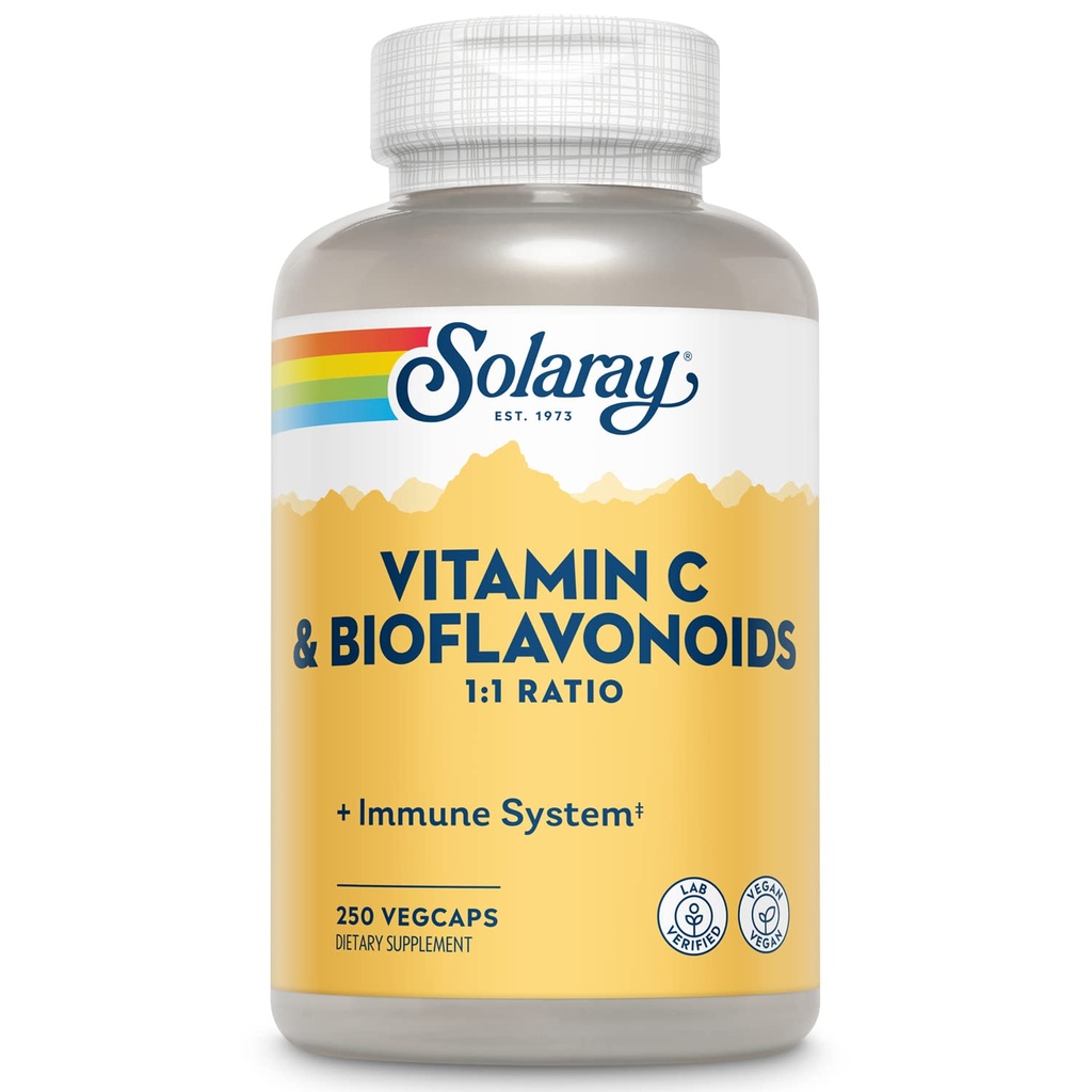 SOLARAY Vitamin C 500 mg ile Citrus Bioflavonoyaks, 1:1 - Antioksi ve Immune Support Supplement - C with Rose HIPS and Acerola, Vegan, 60-Day Garanti, 125 Hizmet, 250 VegCaps