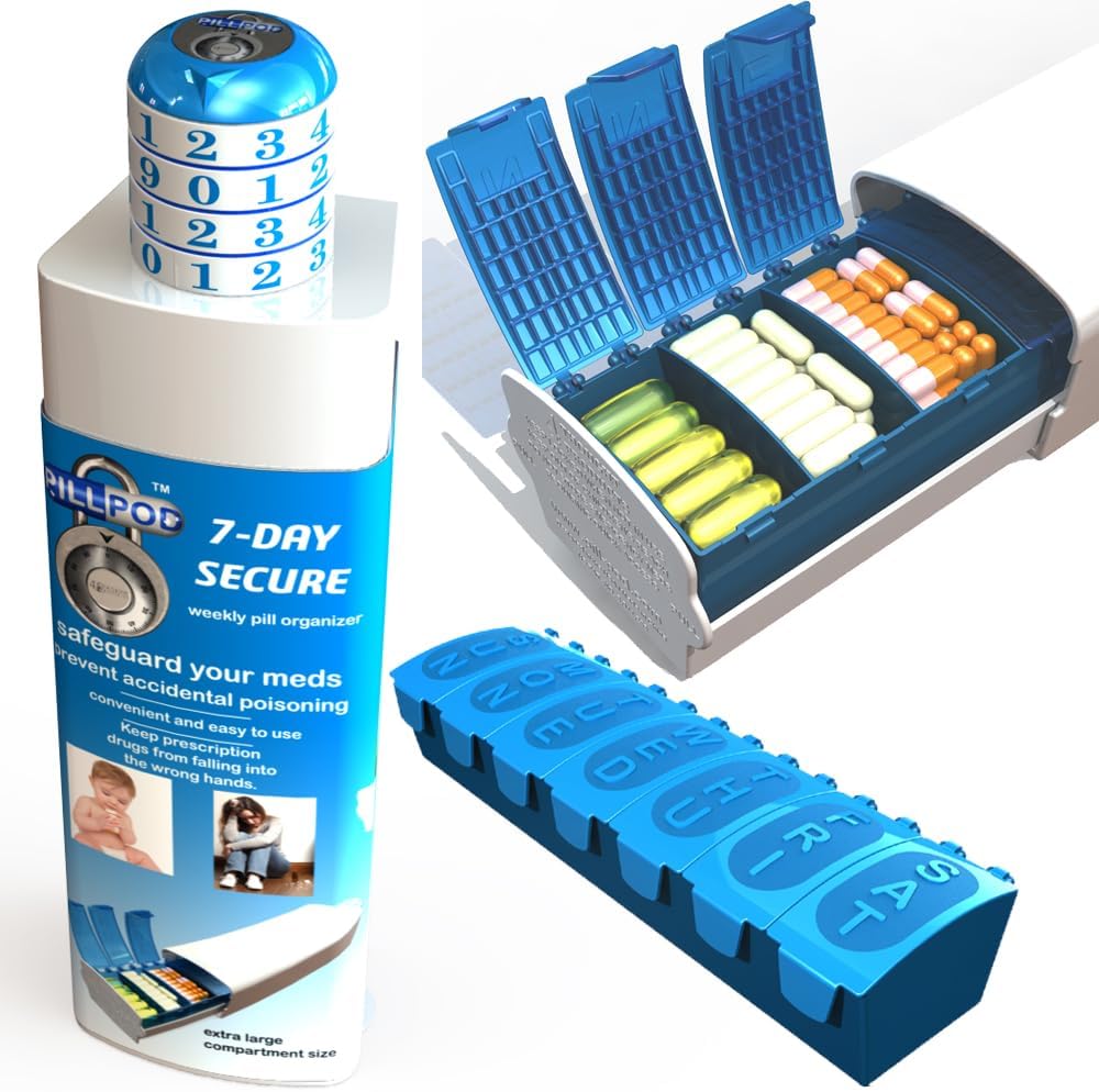 Pill Pod 7 Gün Güvenli, Pill Organizer, Çocuk-Resistant İlaç Kilit Kutusu, Ekstra Büyük Haftalık Pill Planlayıcı, Senior Friendly