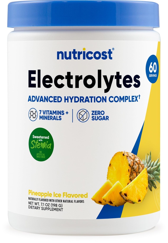 Nutricost Electrolytes Complex Powder (Pineapple Ice) 60 Servings | Advanced Hydration Complex, 7 Vitamins + Minerals, Zero Sugar, Sweetened with Stevia, Gluten-Free, GMO-Free