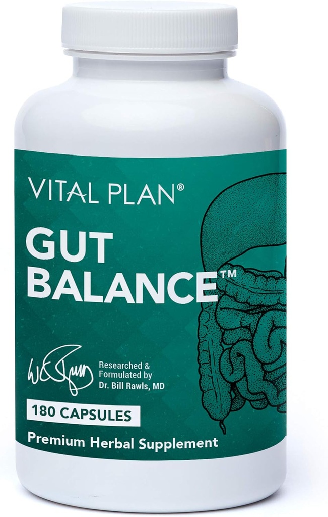 Vital Plan Gut Balance Supplement by Dr. Bill Rawls - Gelişmiş Digestive Health Support Formula w/Clinical-Grade Slippery Elm Bark, Berberine & Dandelion Extract for Women & Men (180 Capsules)