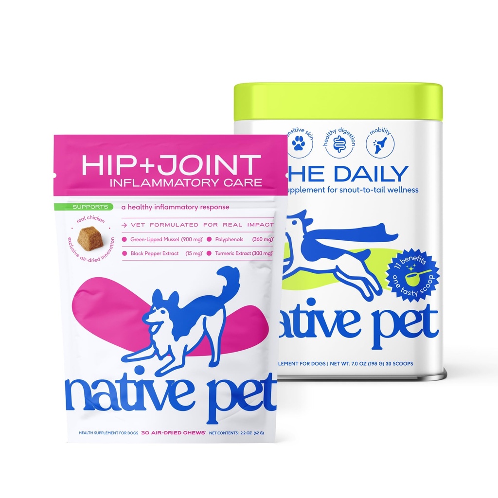 Native Pet Health & Mobility Bundle: Relief Chews for Dogs (30 Air-Dried Chews) & The Daily Dog Multivitamins (30 Scoops) - Anti-Inflammatory for Strong Joints & 11-in-1 Multivitamin for Pups