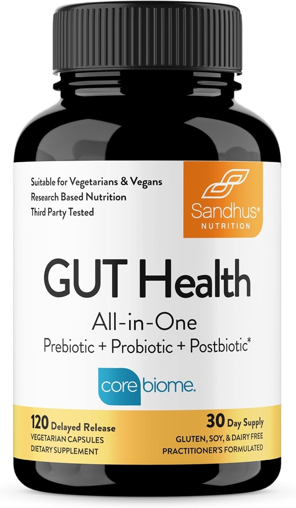 Sandhu'nun Gut Health - Prebiyotik, Probiyotik, Postbiyotik & L-Glutamine | Digestive Health, Colon, Probiyotik Total Supplements | 120 Gecikmiş Yayın Kapsülleri