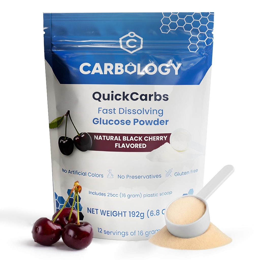 Carbology QuickCarbs Mini Starter CarbPak - Fast-Acting Bulk Glucose Powder Energy Blend - Natural Black Cherry - 12 Servings - Resealable Carry Kit with Scoop