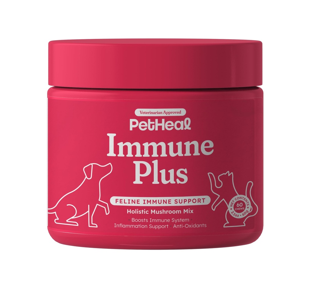 PetHeal Immune Plus Chews for Cats - Vet-Reviewed - Boosts Immunity & Liver Health with Turkey Tail, Reishi & Milk Thistle | Promotes Shiny Coat & Reduces Lumps | 60 Chicken-Flavored Soft Chews