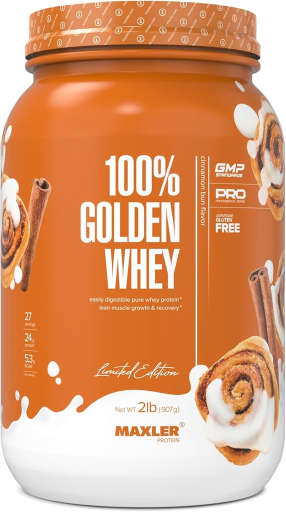 Maxler% 100 Golden Whey proteini - Servis başına proteinin 24g - Pre Workout için Premium Whey Protein Tozu - Hızlı Nisorbing Whey Temp, Isolate & Hydrolysate Mix - Cinnamon Bun 2 lbs