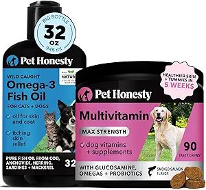 Omega 3 Fish Oil & Multivitamin Max Strength Sche: Wild Caught Omega 3 Supplement & 15in-1 Dog Vitaminleri Skin, Coat ve Sağlık (32oz)