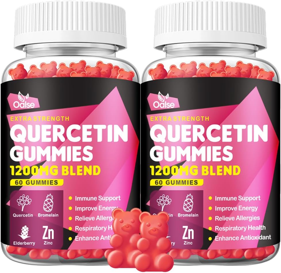 Quercetin Gummies - Vitamin C ve Çinko + Bromelain + Elder + Vitamin D3-1200 mg Quercetin Supplements for Kids and Yetişkinler Immunity & Alerji Desteği (2 Paket)