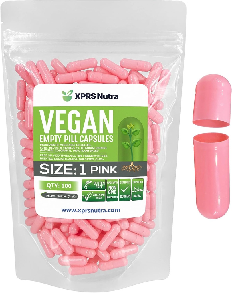 XPRS Nutra Boyutu 1 Boş Kapsüller - 100 Kont Boş Vegan Capsules - Vejetaryen Pills - DIY Sebze Kapsülü - Veggie Pill Caps for Do-It- Yourself Supplements (Pink)